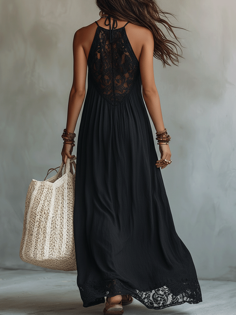 Eleanor draped maxi dress in black, back view with lace panel