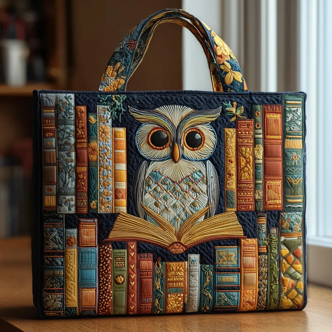Handcrafted owl and ancient books tote bag in navy, front view with patterned handles