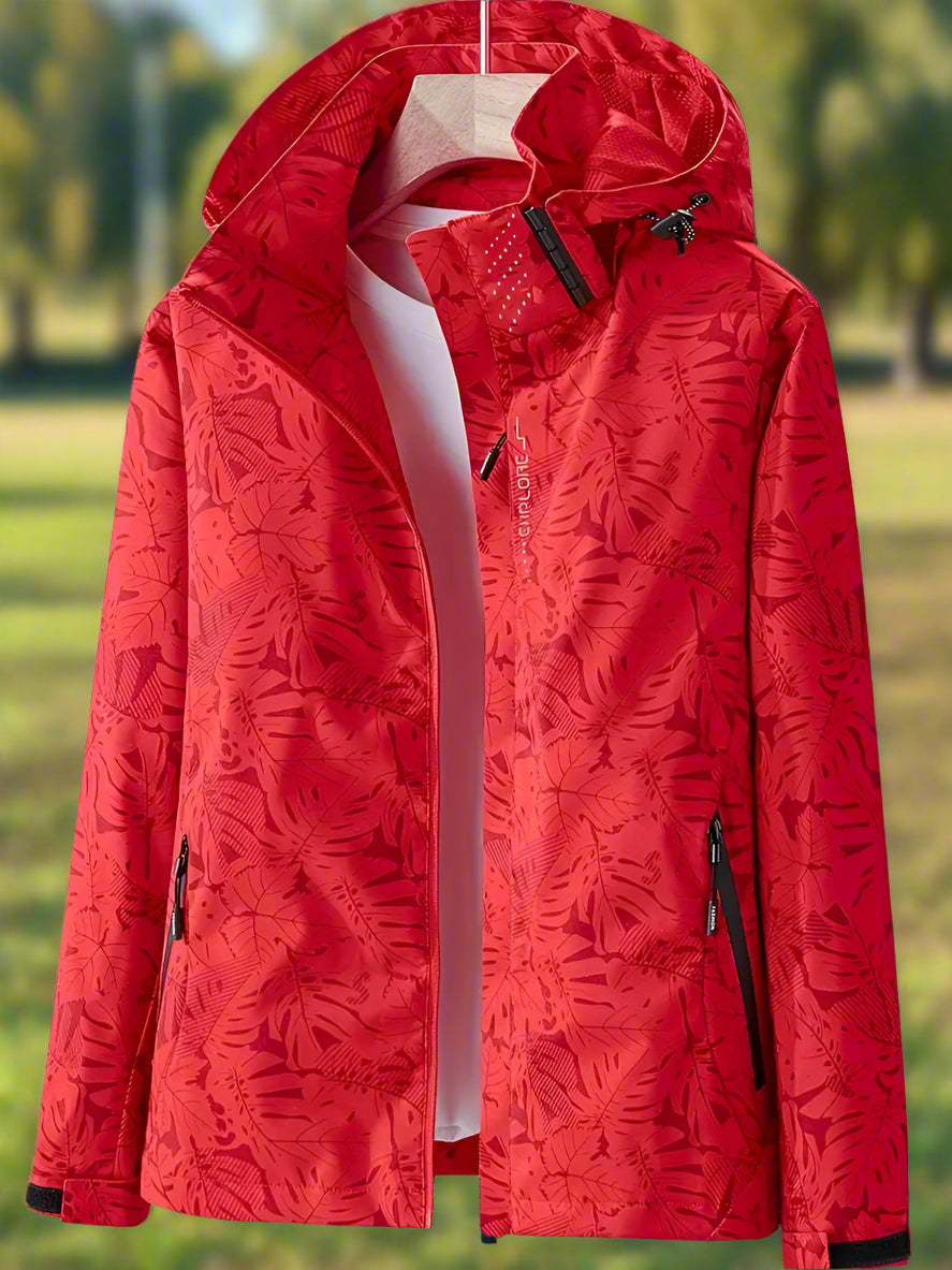 Tauriel leaf print windbreaker in red, front view on hanger