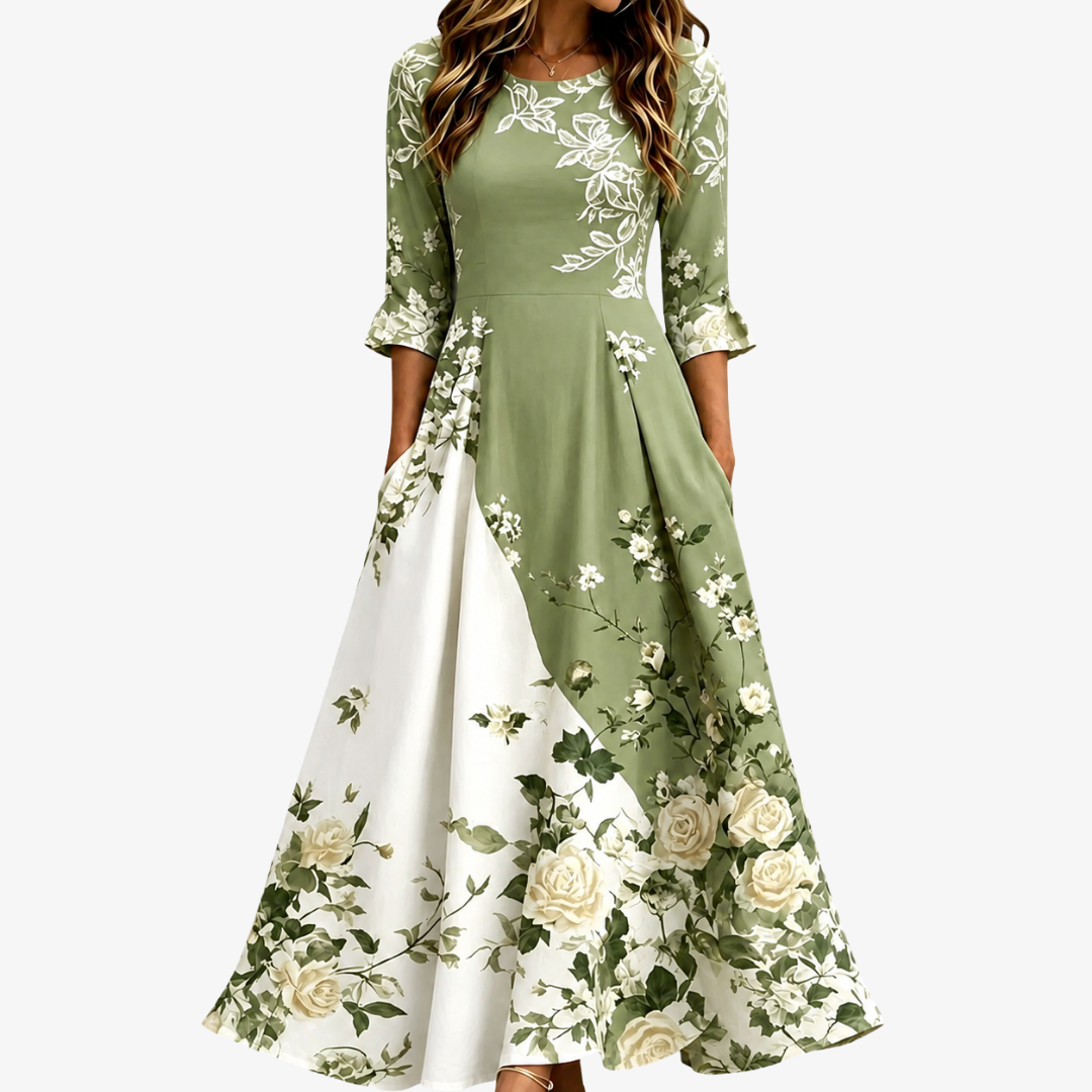 Beatrice sage and ivory floral maxi dress, front view with fluted three-quarter sleeves