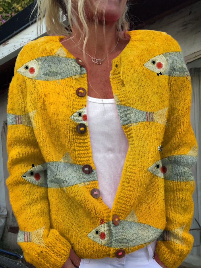 Anouk vintage knit cardigan in golden yellow with fish print, front view worn open