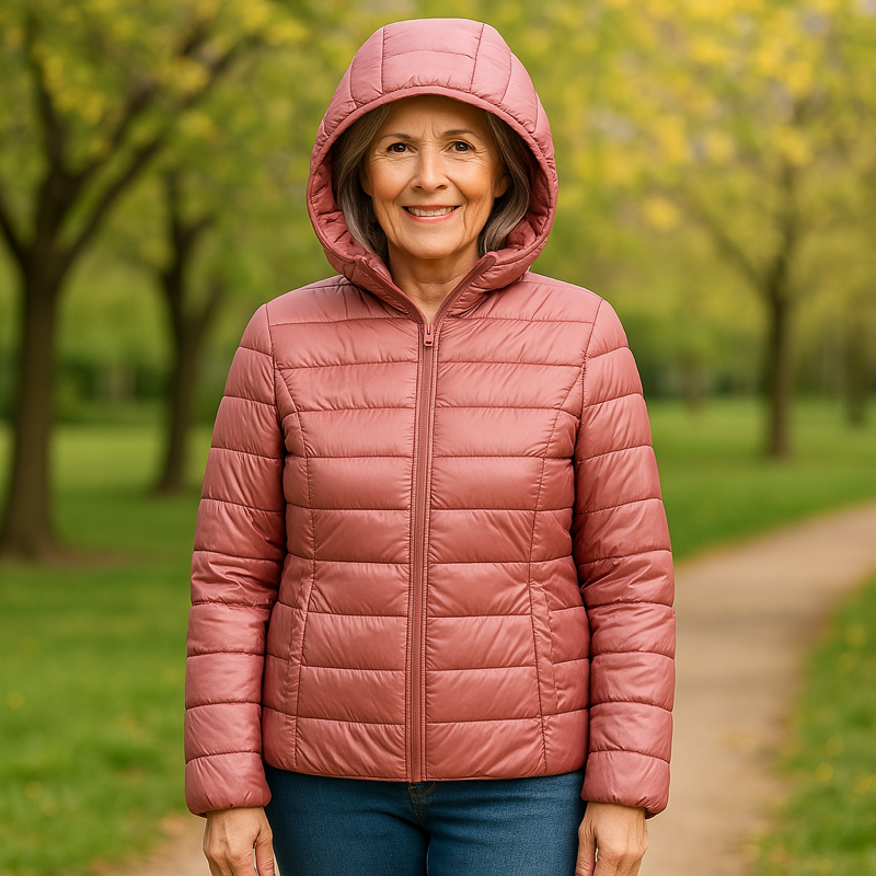 Metta transitional padded jacket in salmon, worn with hood up, front view