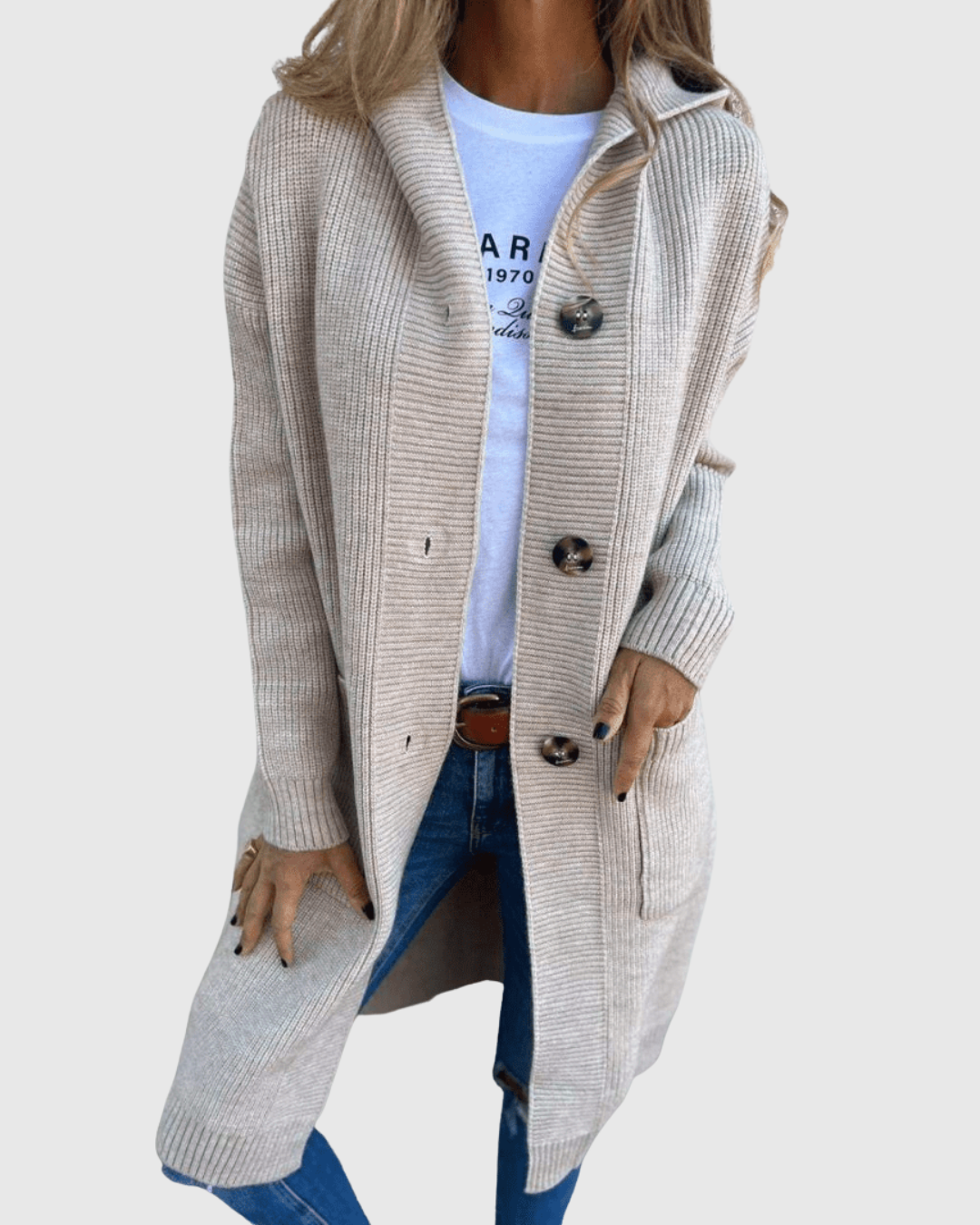 Blythe long hooded cardigan in beige, front view with jeans