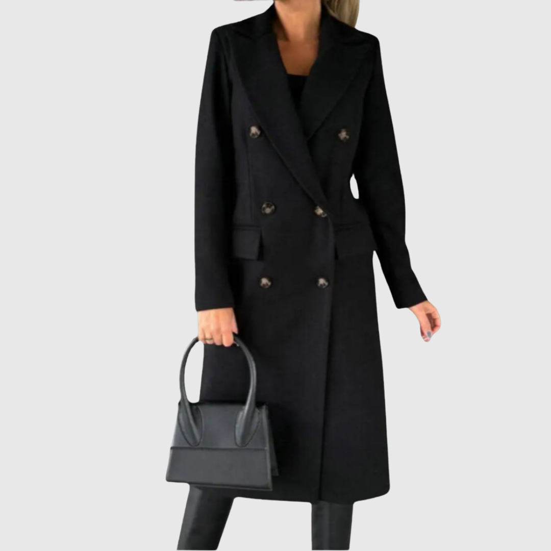 Aveline winter coat in black, front view with button detail