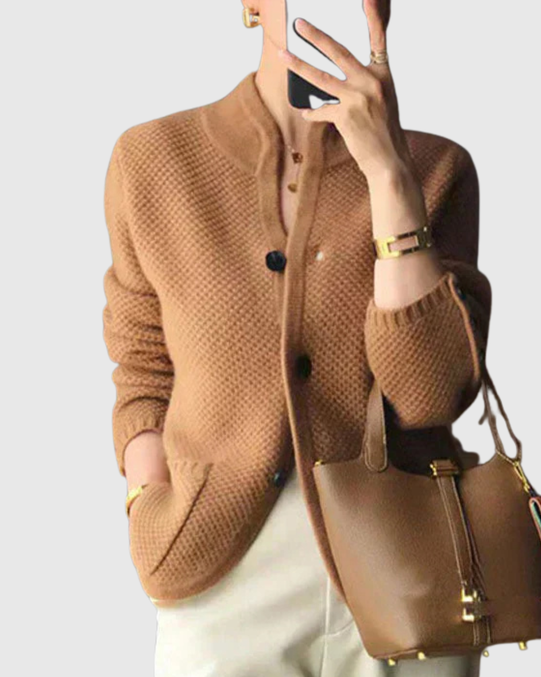 Meliora waffle-knit cardigan in brown, front view with patch pockets
