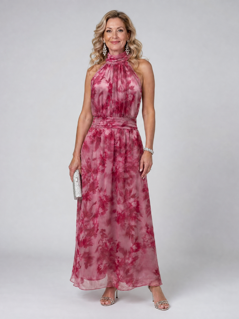 Avien halter neck midi dress in rose pink floral, full-length front view