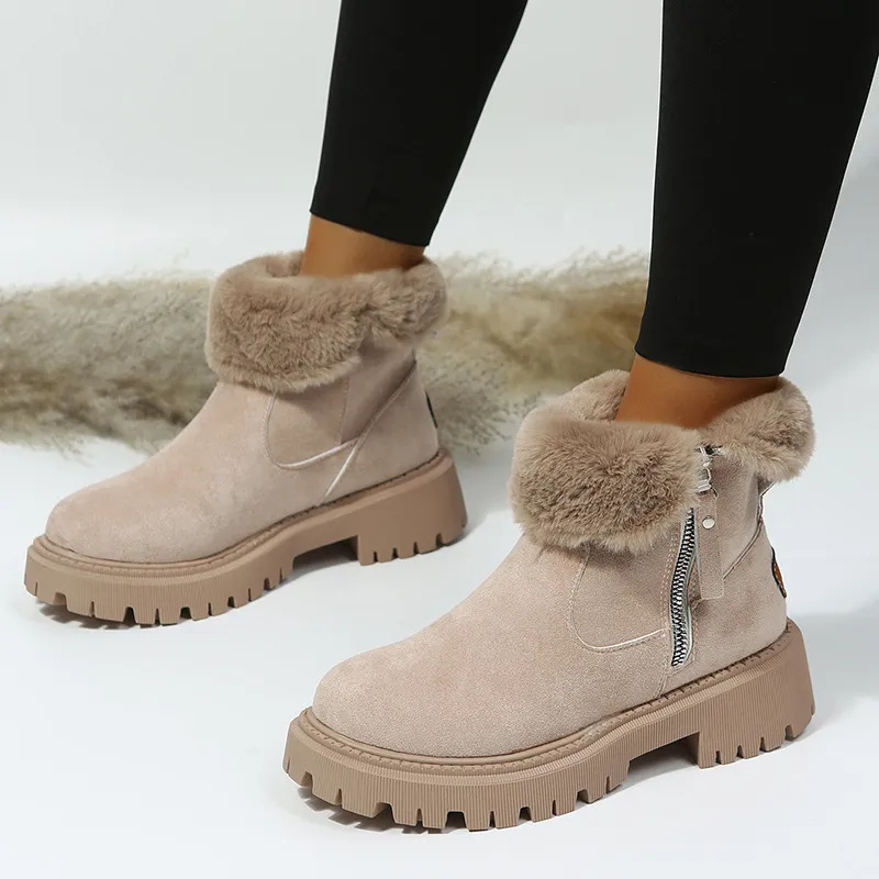 Noria warm winter boots in khaki with fur-look cuff, worn front view