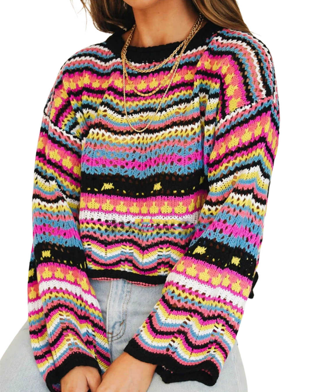 Corvella striped sweater in pink and black multicolour, close front view