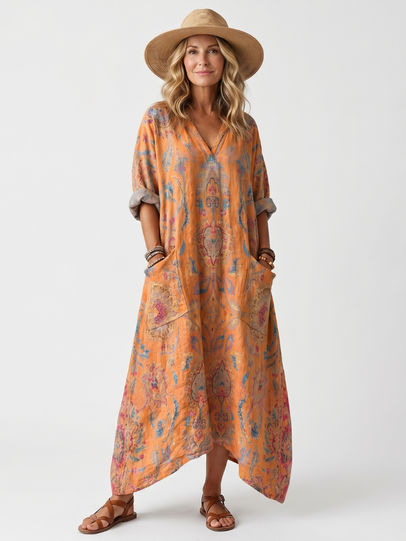 Remi printed midi dress in orange, full-length front view with rolled sleeves