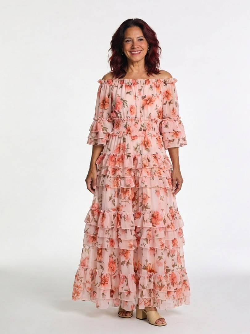 Rosalie off-shoulder floral ruffle maxi dress in pink, full-length front view
