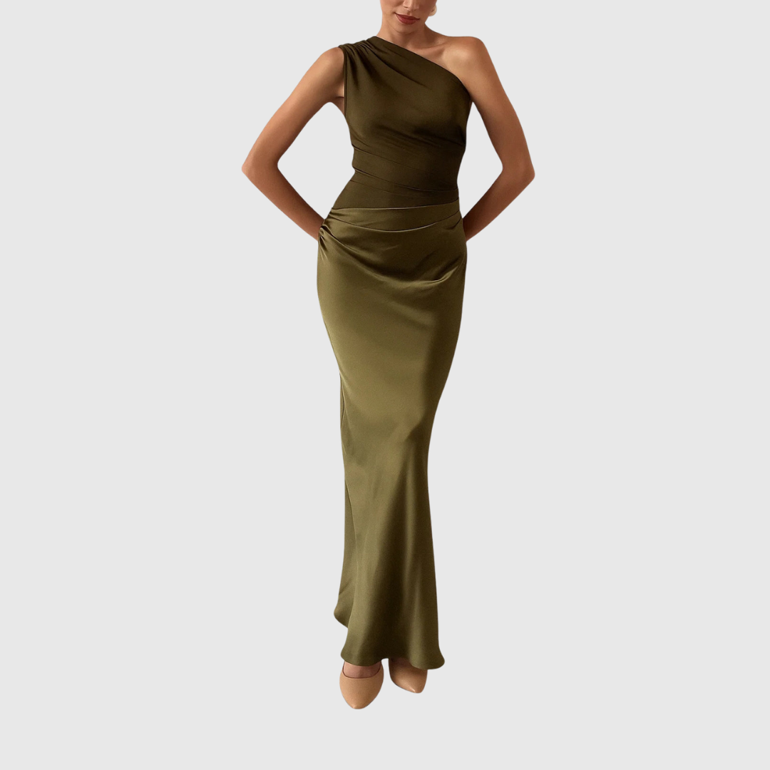 Elara asymmetric evening gown in green, three-quarter front view