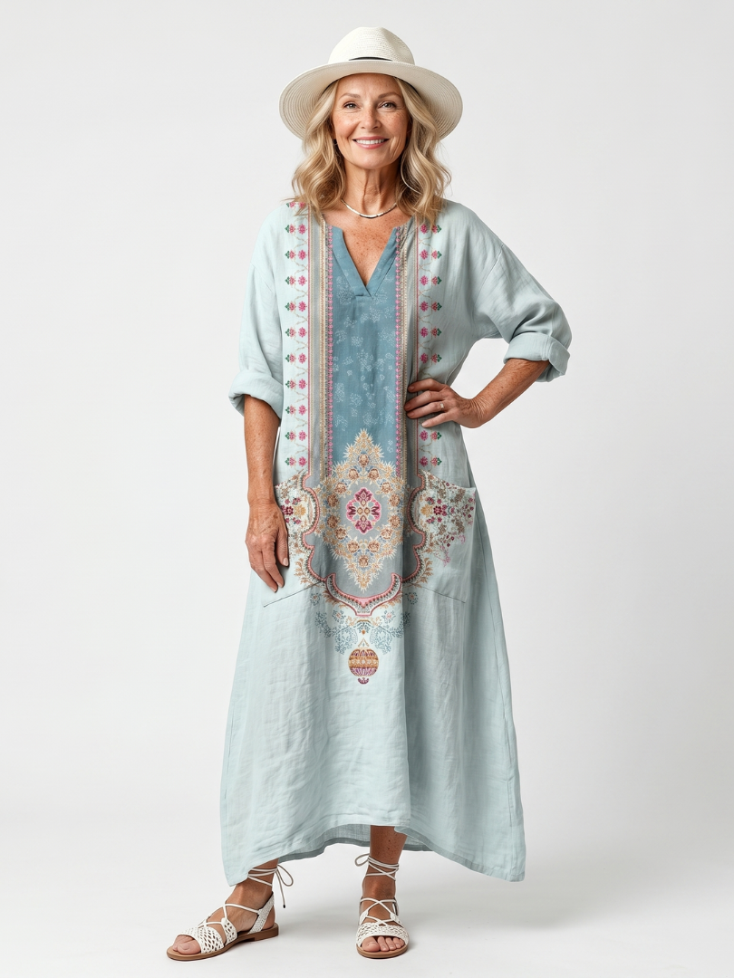 Kassiani ornate panel midi dress in sky blue, full-length front view