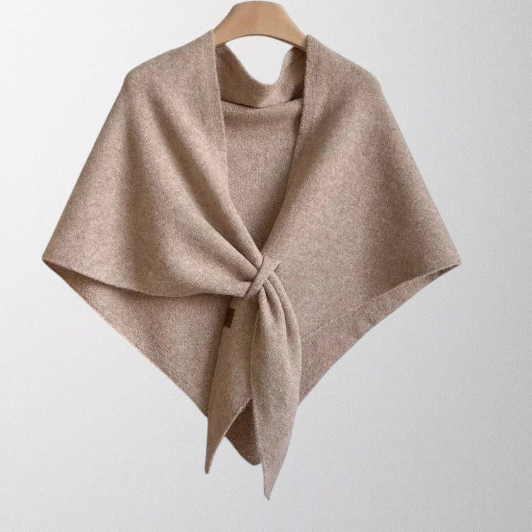 Averil knit shoulder scarf in beige, front view on a hanger
