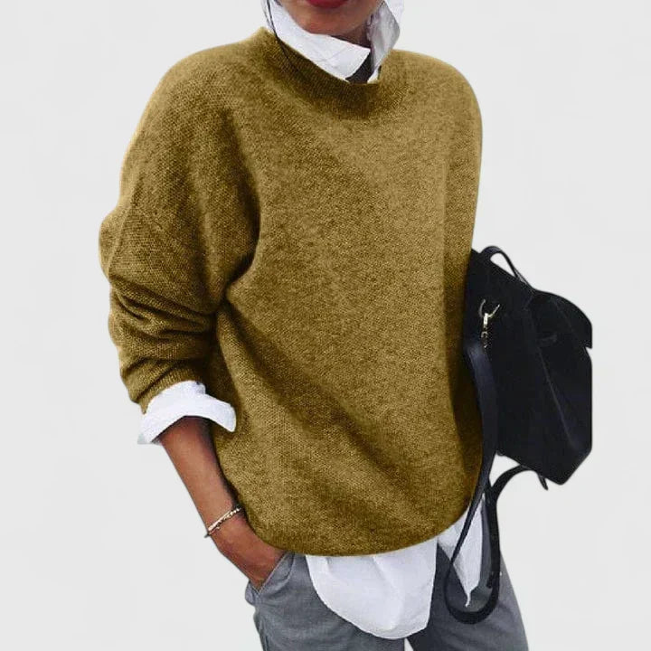 Isabellynn relaxed knit sweater in khaki, front view with layered shirt