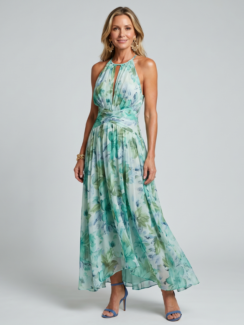 Portia pleated halter midi dress in green floral, full front view