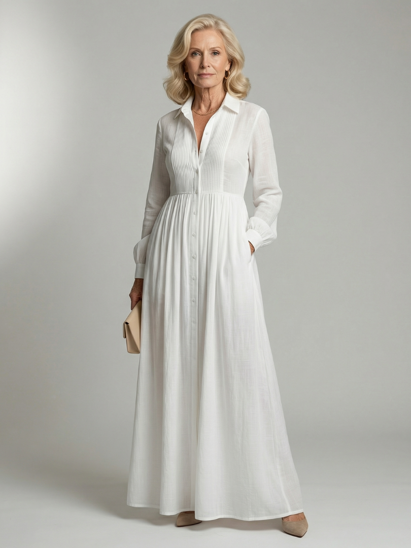 Greer pintucked maxi shirt dress in white, full-length front view