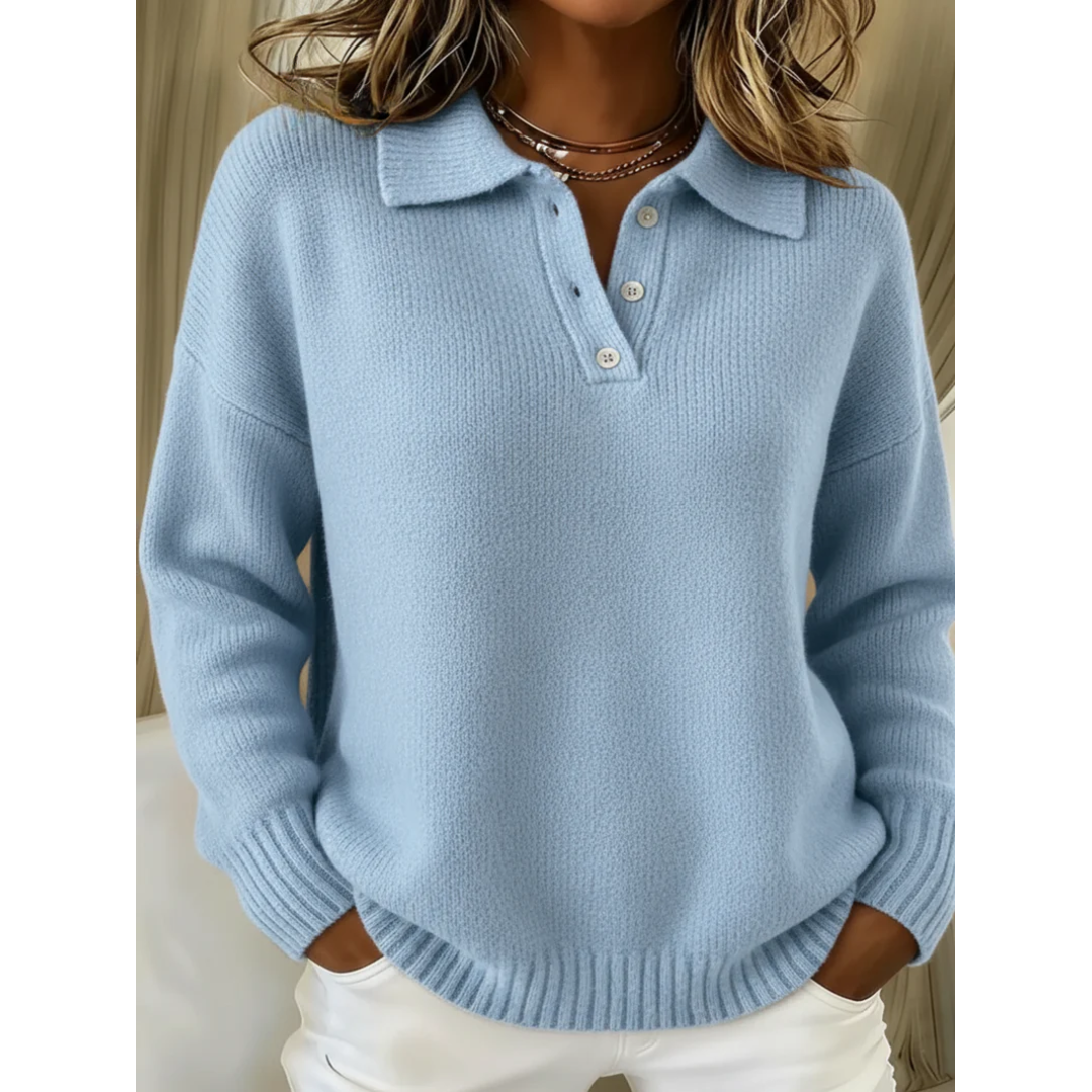 Marina soft polo jumper in light blue, front view with buttoned collar
