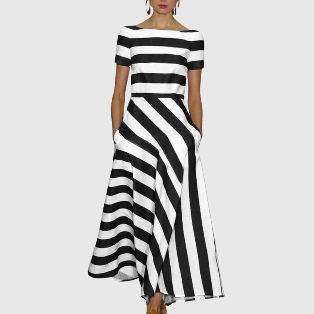 Delora striped maxi dress in black and white, full-length front view