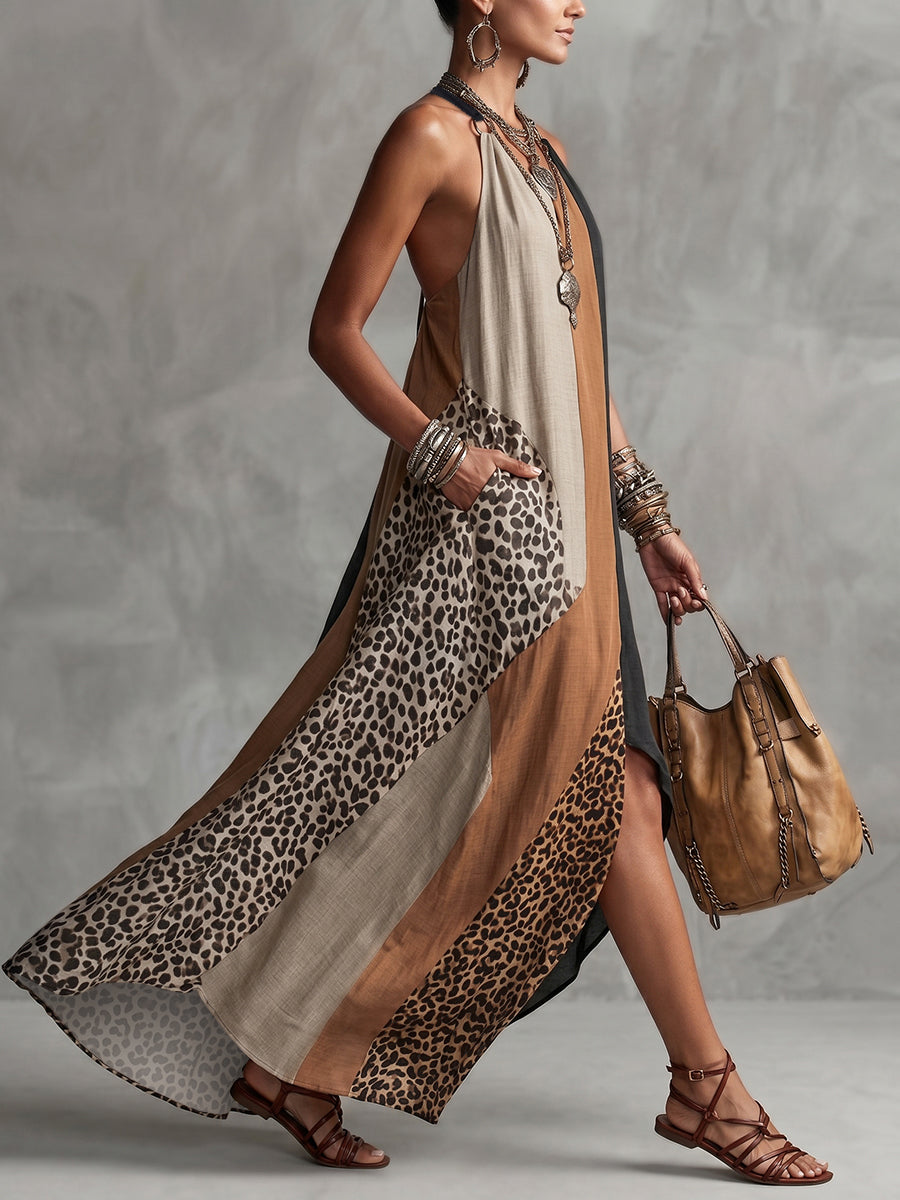 Myrna halter maxi dress in leopard and sand, side view with pockets
