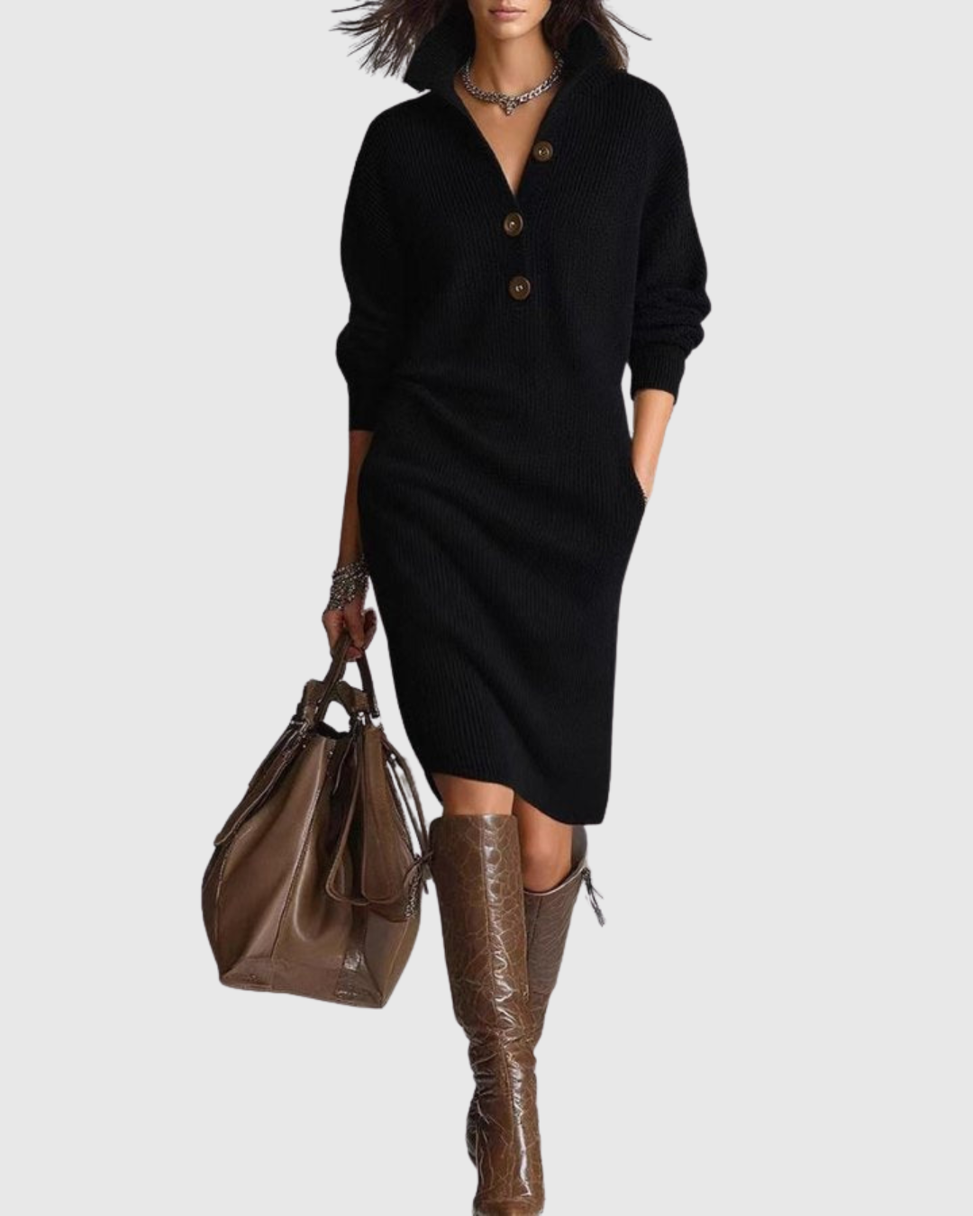 Arianell winter knit midi dress in black, full-length front view
