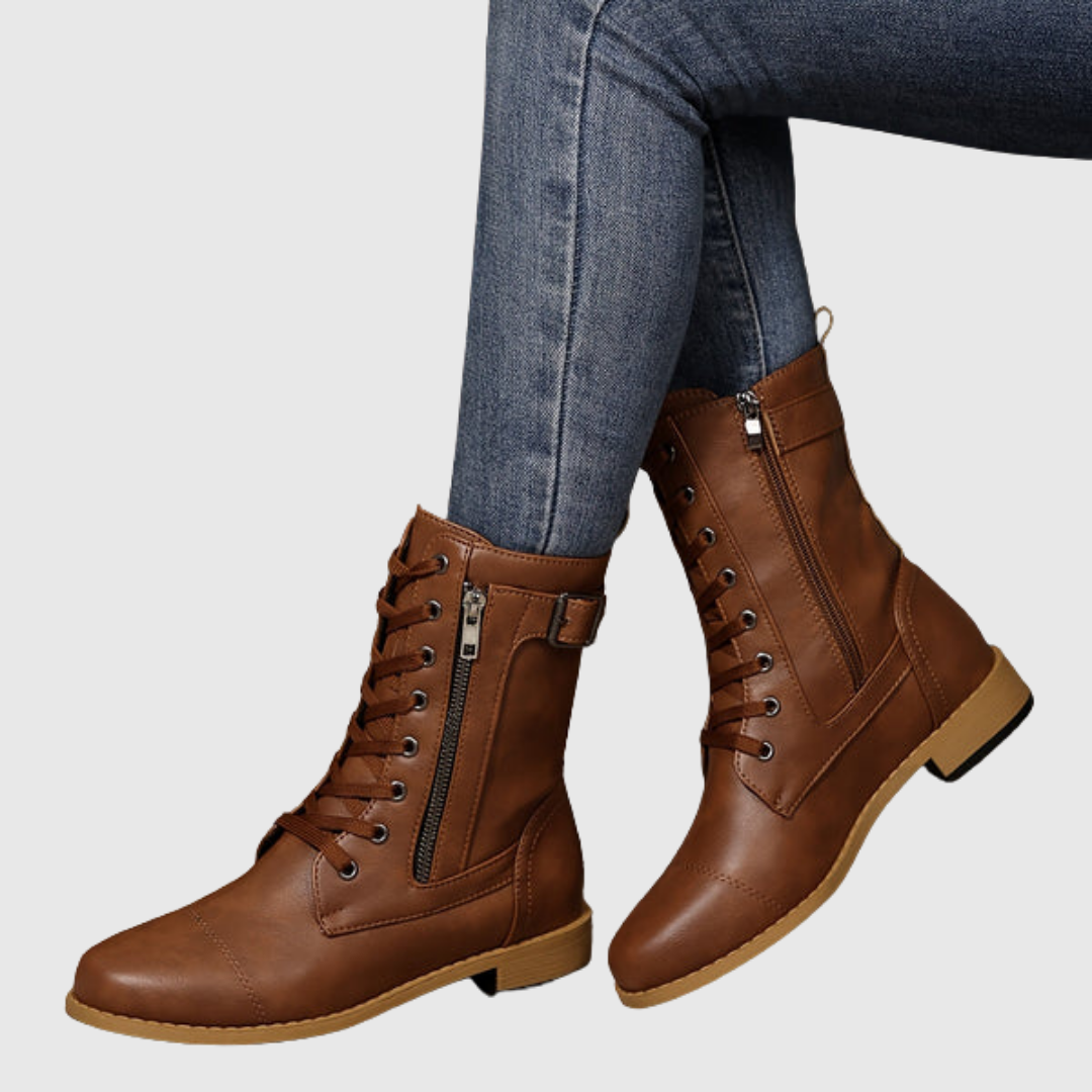Carmine lace-up boots in brown, seated side view
