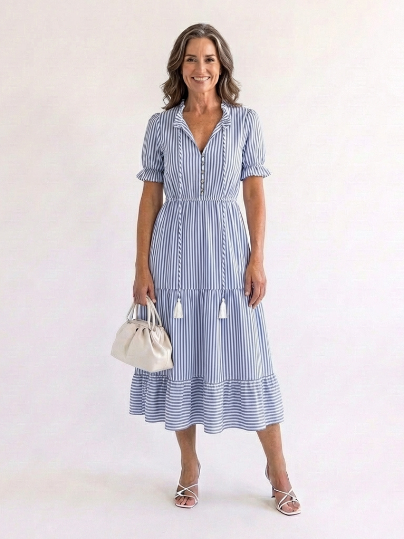 Dakota striped tiered midi dress in sky blue, full-length front view