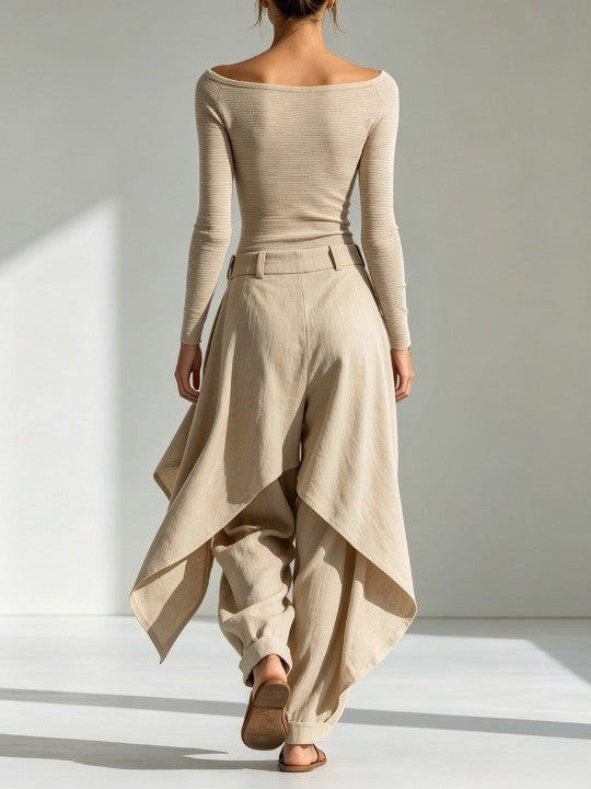 Éveline beige two-piece set, back view showing belted waistband and draped trousers
