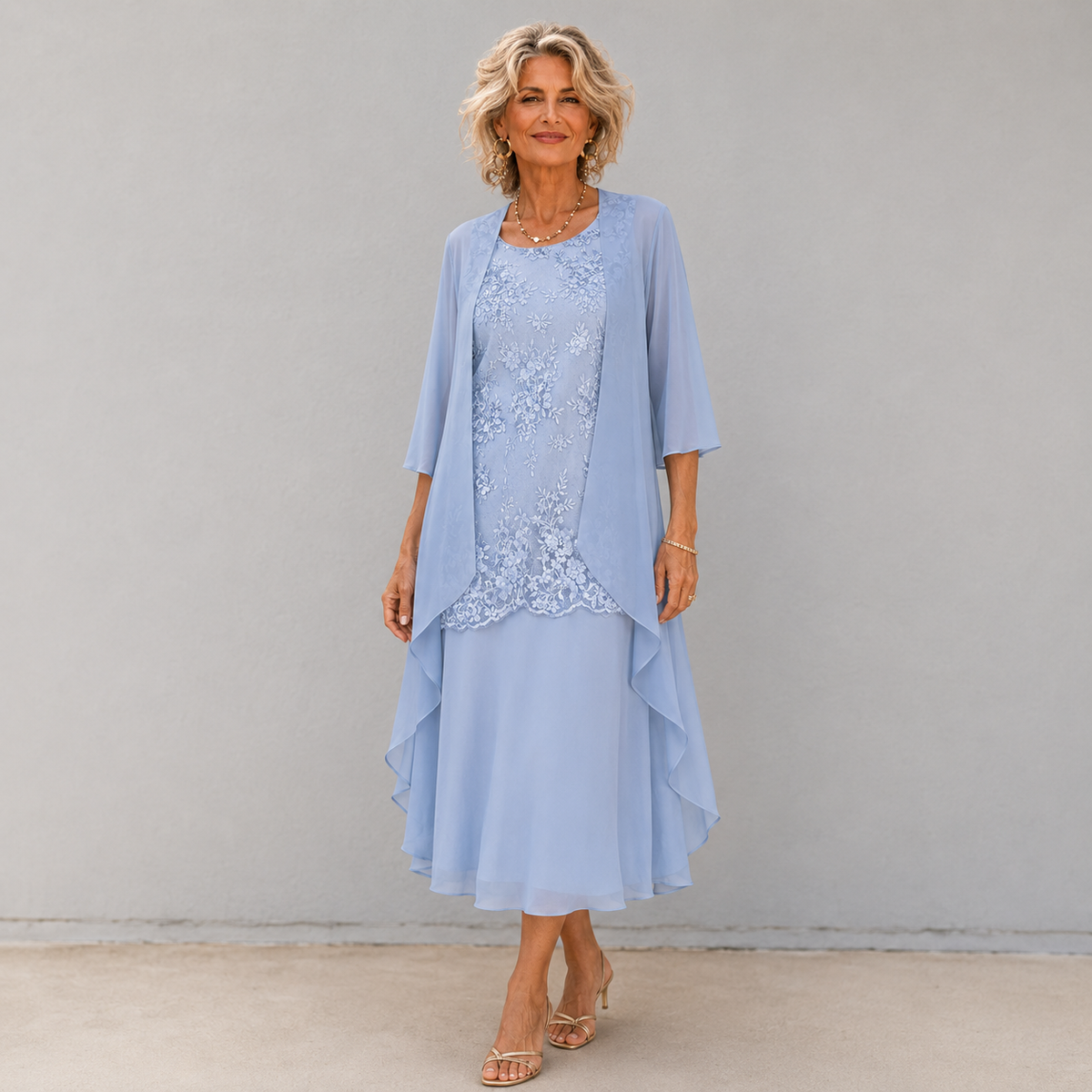 Lumi chiffon two-piece dress in blue, full-length front view on model