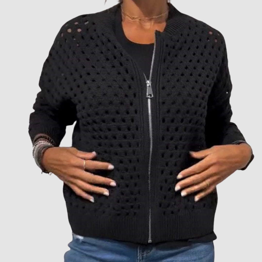 Desiree knitted cardigan in black, front view worn open-knit