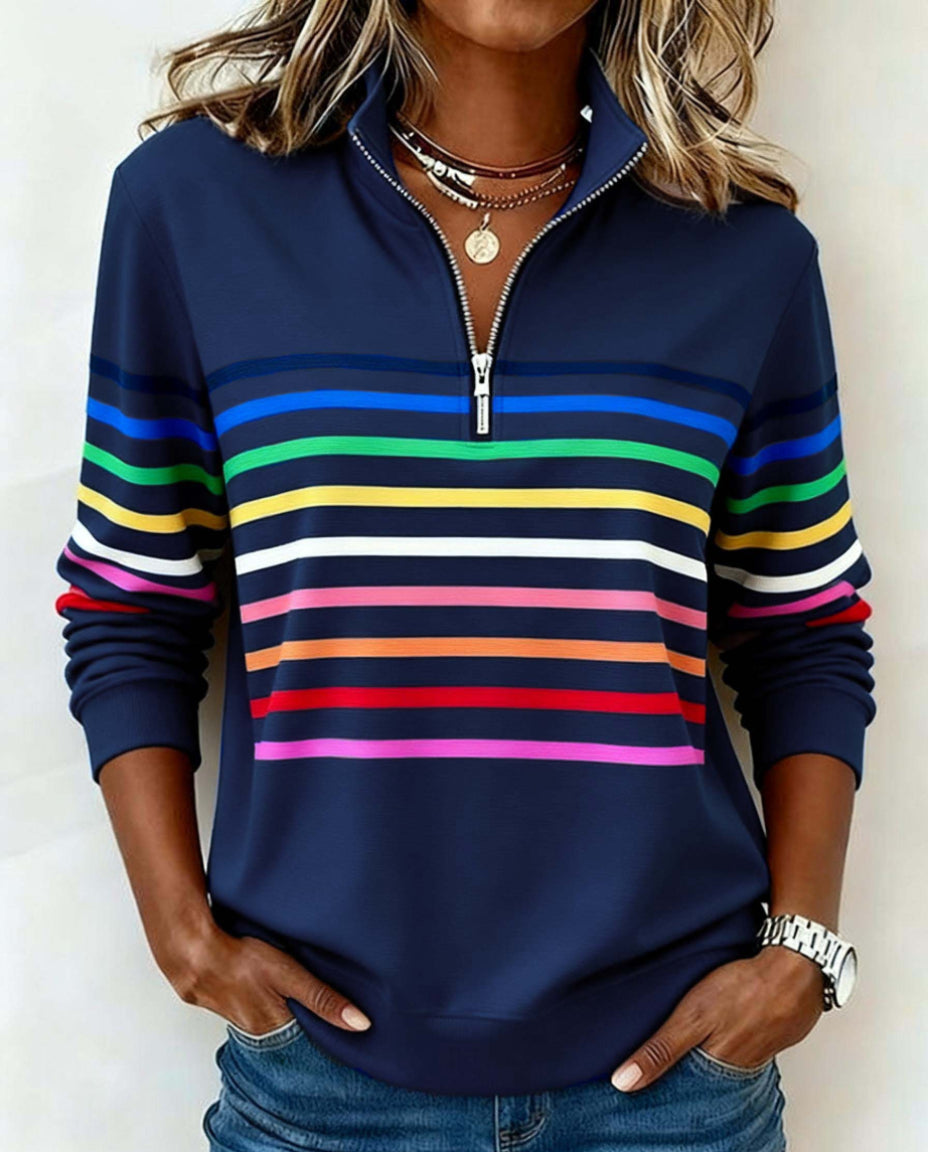 Maggie striped zip pullover in navy blue, full front view