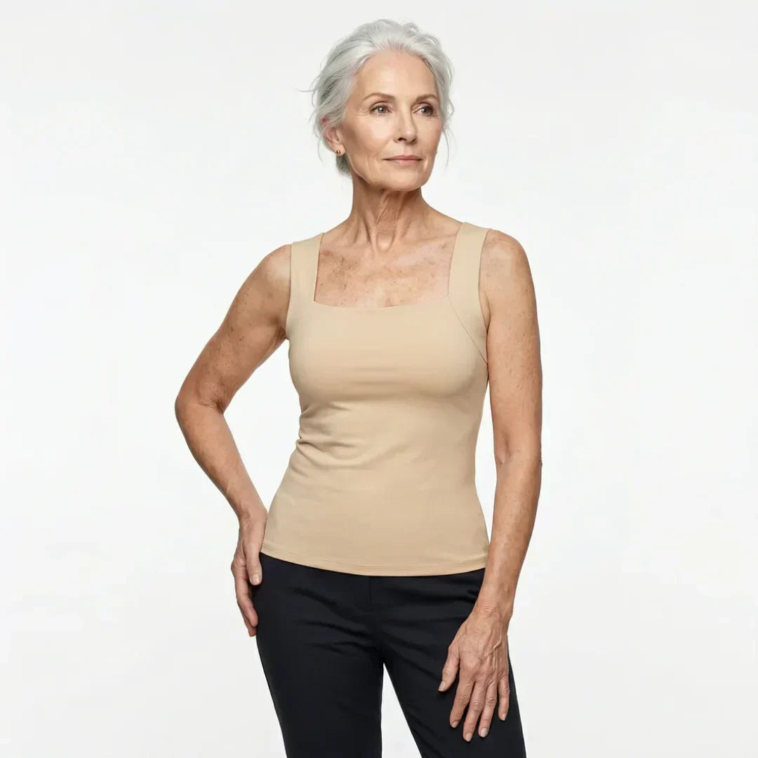 Roxanne built-in bra tank top in nude, full front view
