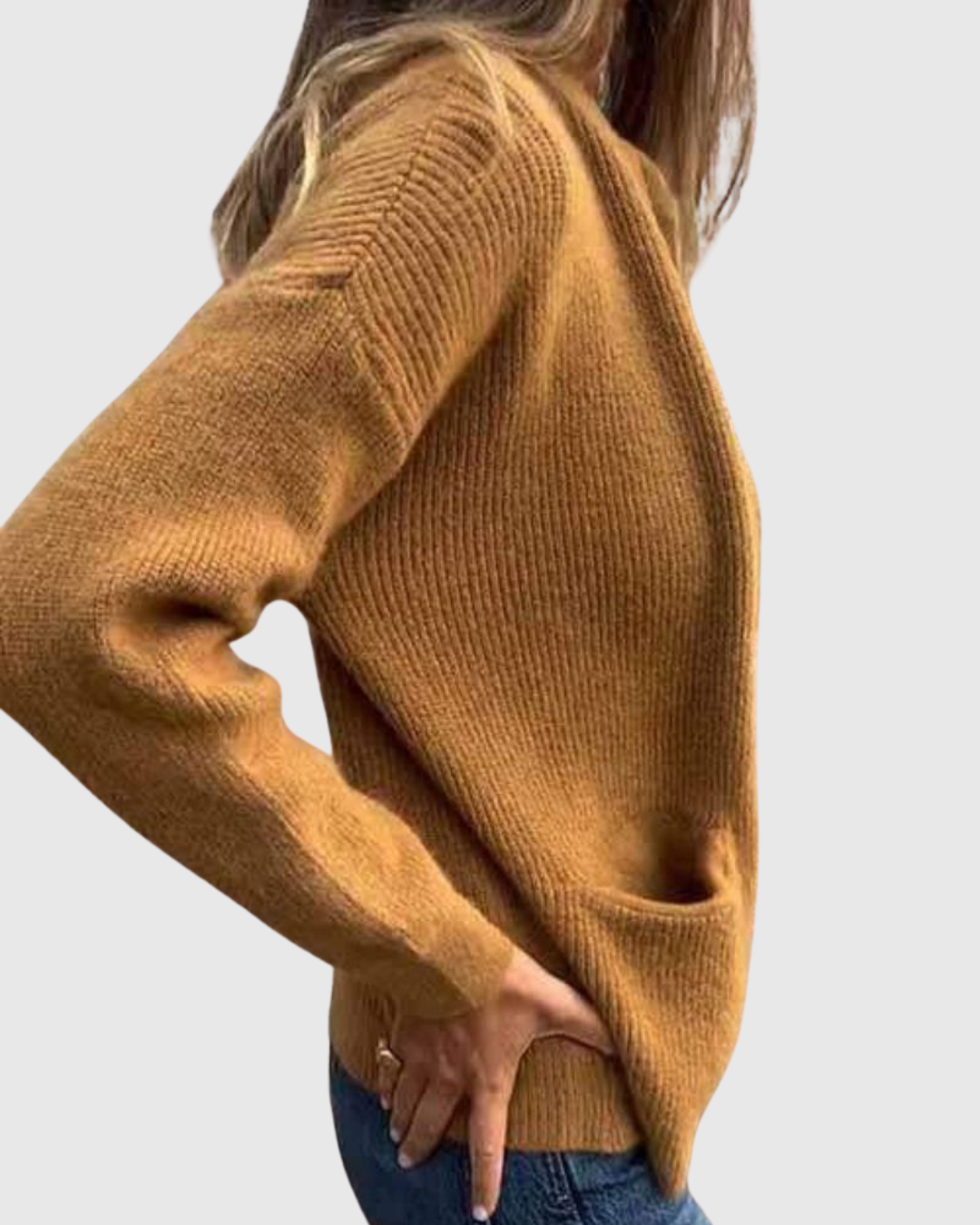 Alvera knit cardigan in brown, side view showing sleeve and pocket