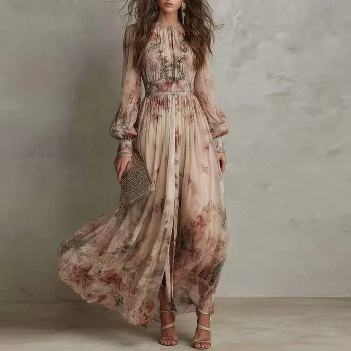 Georgina vintage floral maxi dress in beige, full-length front view