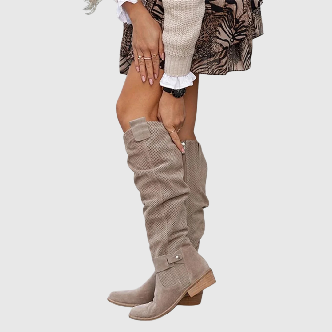 Elvoria knee-high boots in khaki, full-length view with ankle buckle detail