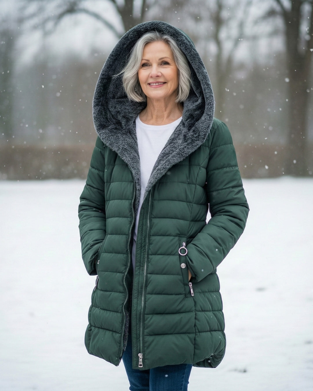 Harriet fleece lined puffer coat in dark green, front view with hood up