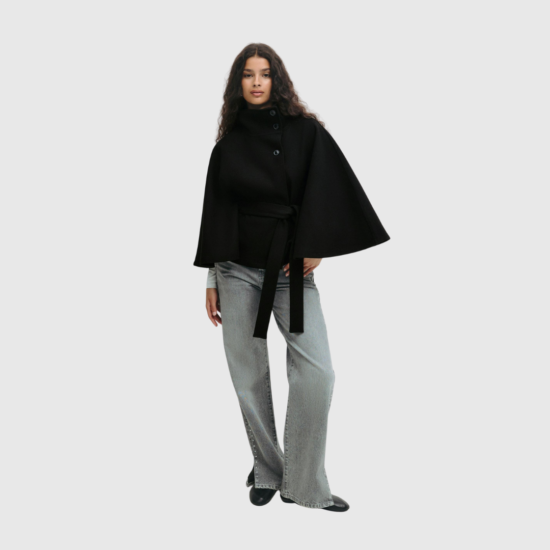 Rhoslyn belted cape jacket in black, full-length front view