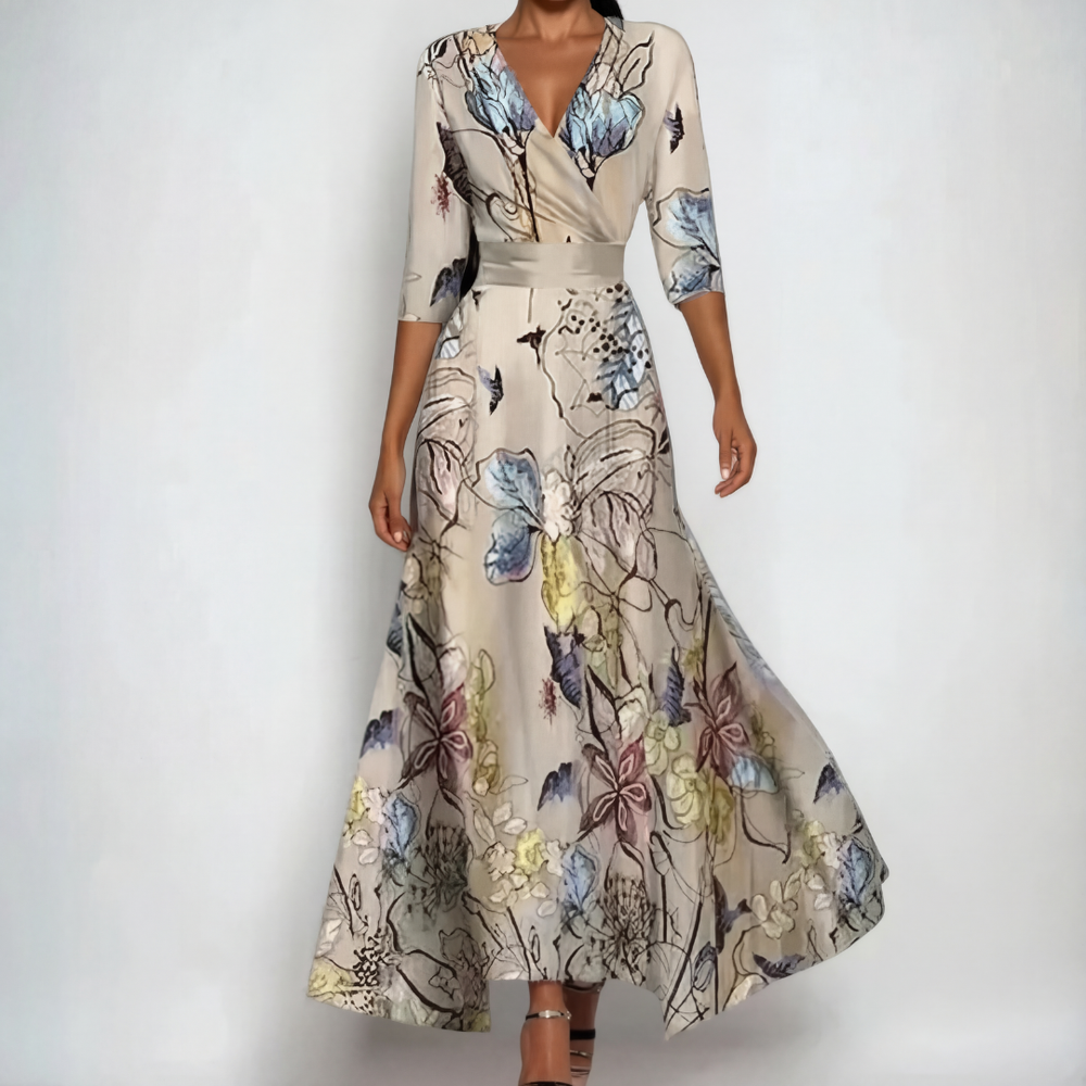 Mallory floral wrap dress in sand beige, full-length front view