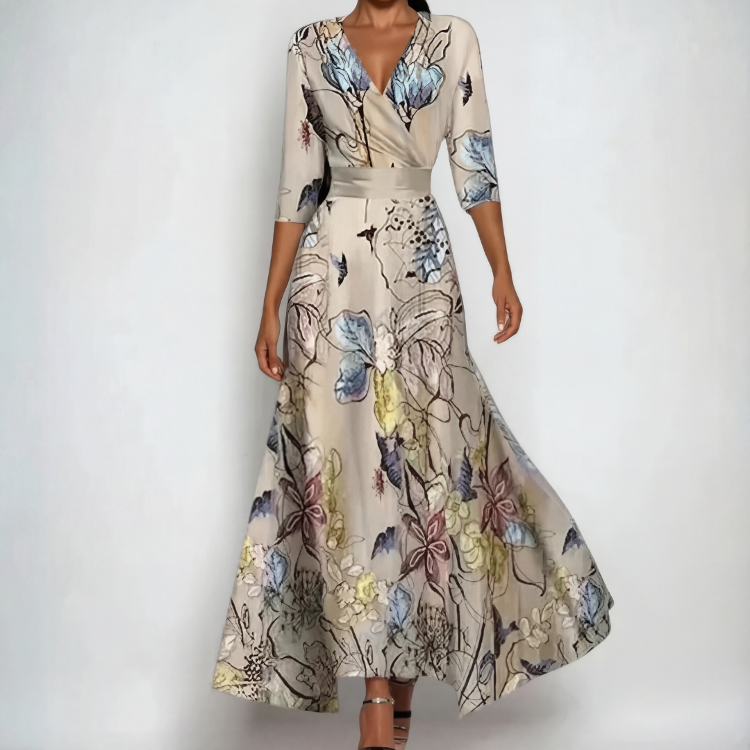 Mallory floral wrap dress in sand beige, full-length front view