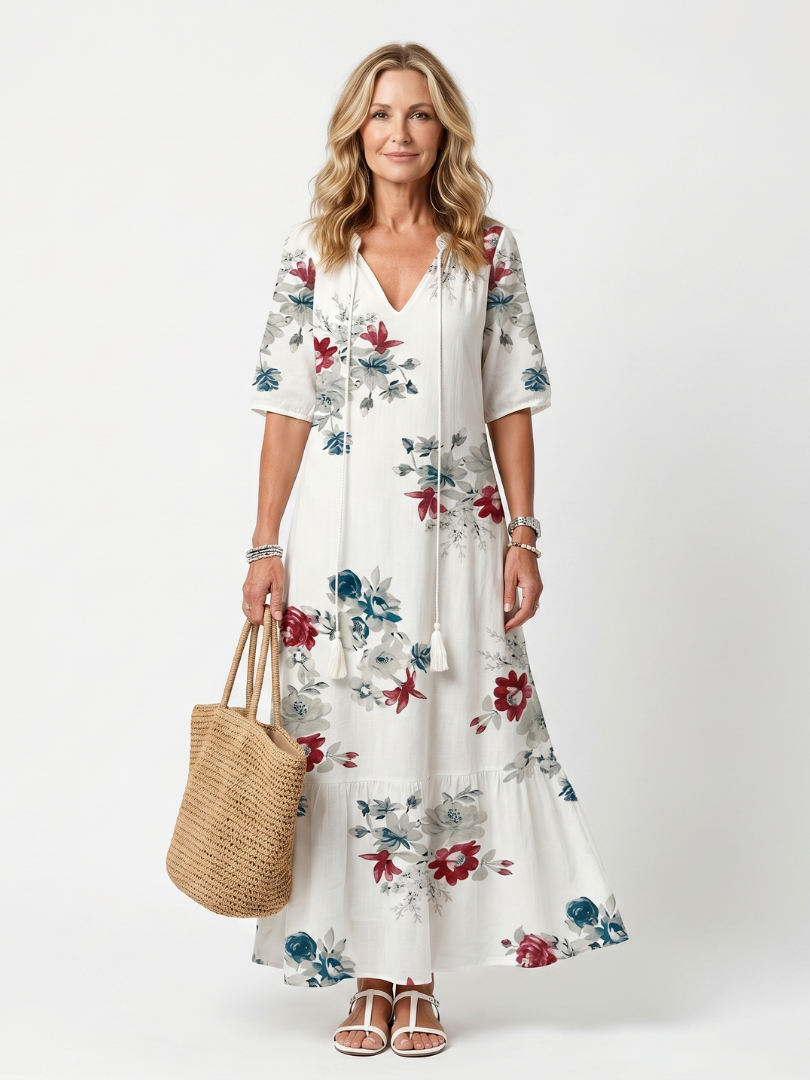 Maeva scattered floral midi dress in white, full-length front view