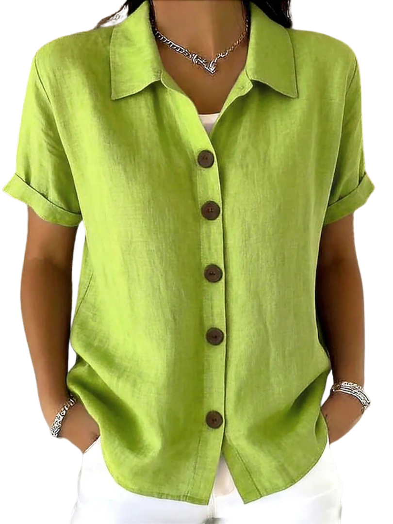 Gracie relaxed short sleeve shirt in green, front view with button front
