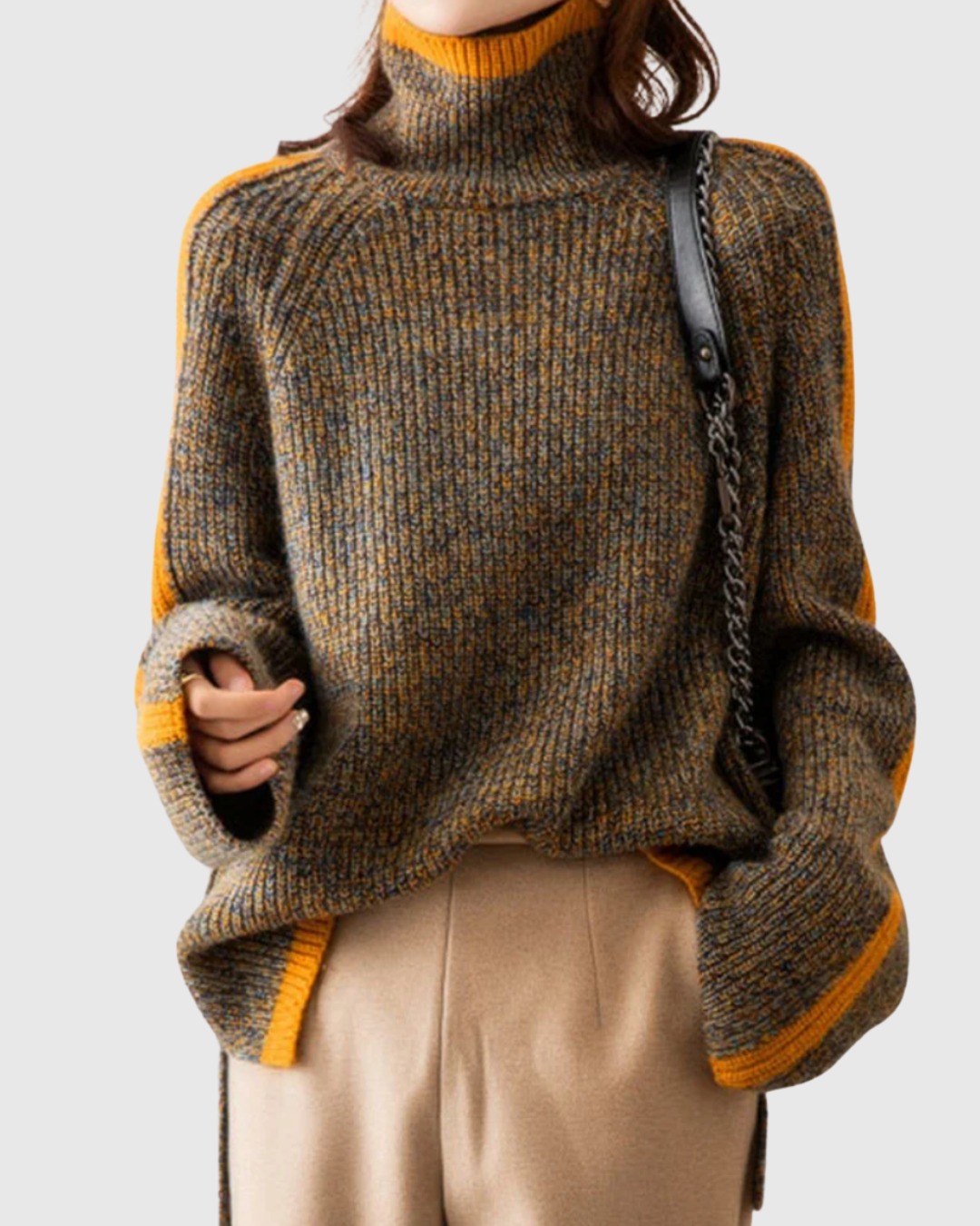 Thalira turtleneck sweater in grey-yellow marl, oversized front view on model