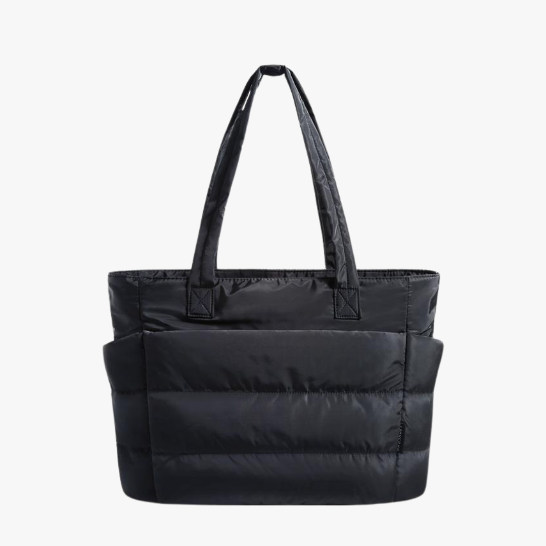 Maison Puff quilted tote bag in black, front view