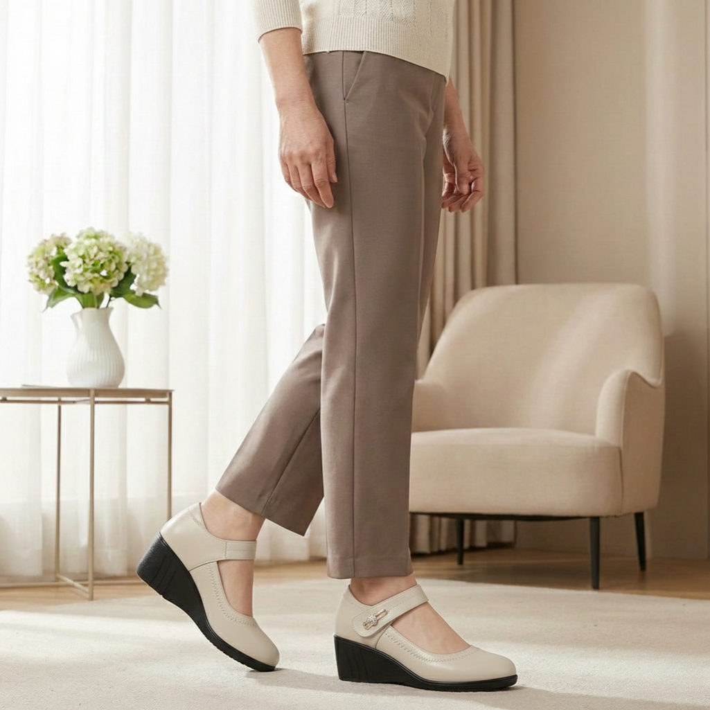 Lydia mid-heel comfort shoes in beige, side view on model