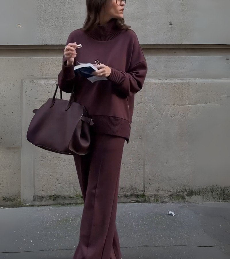 Charlottie two-piece set in burgundy, front view with wide-leg trousers