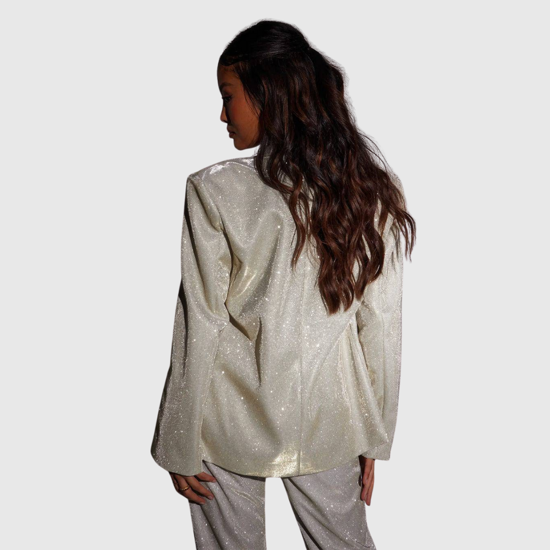 Delphine glitter blazer in silver, back view on model