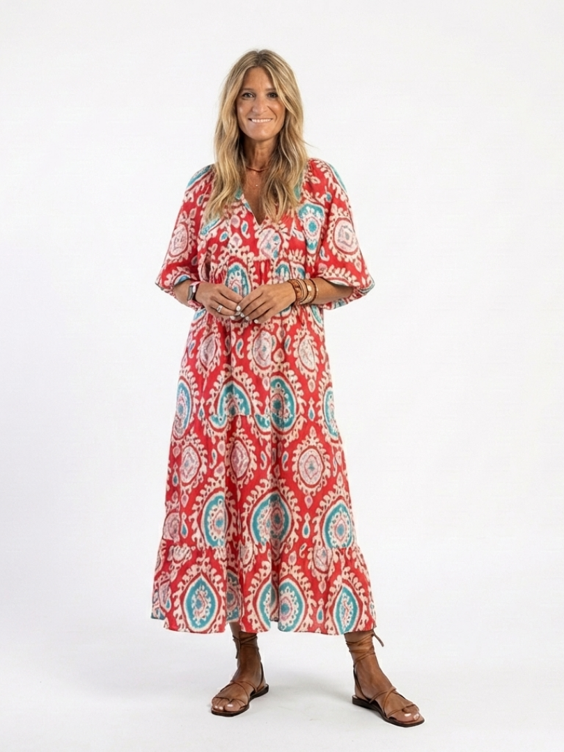 Zaria paisley print midi dress in red, full-length front view