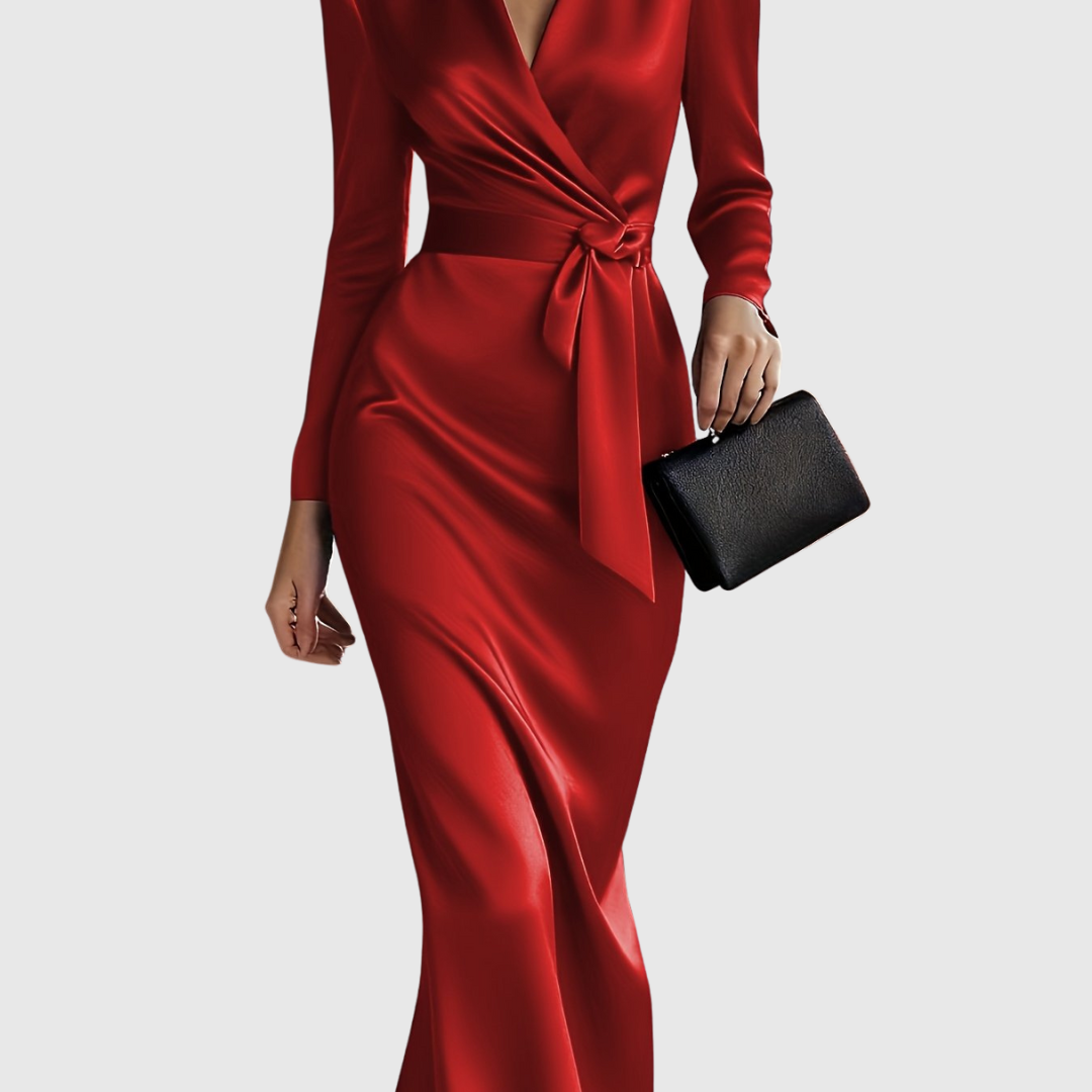 Elene satin dress in deep red, close-up of wrap bodice and bow tie