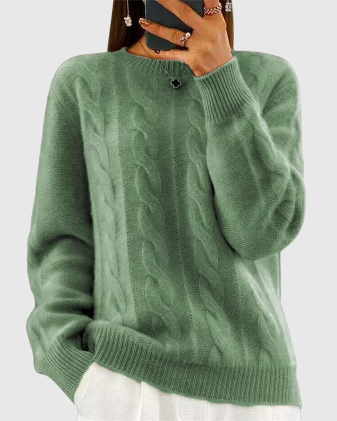 Lorna classic knit jumper in green, front view
