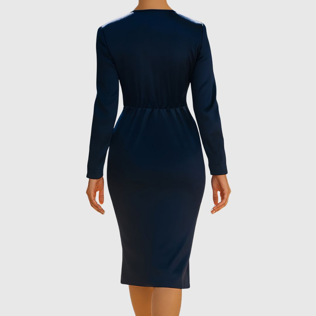 Ava satin midi dress in navy, back view