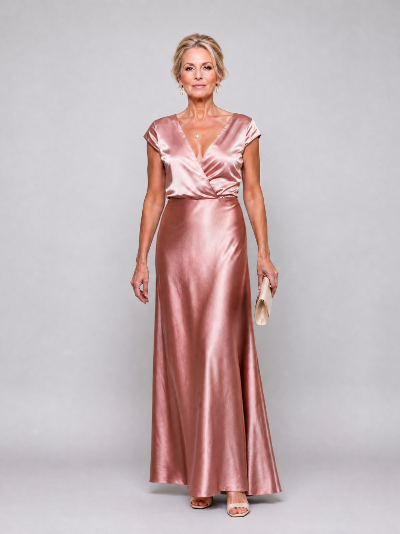 Samouse cap sleeve wrap maxi dress in rose gold, full-length front view